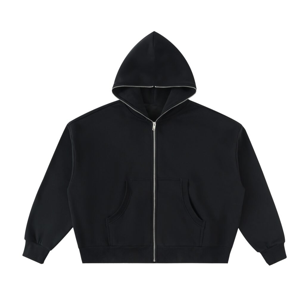 Signature back graphic | Black Fleeced Full-Zip Boxy Hoodie