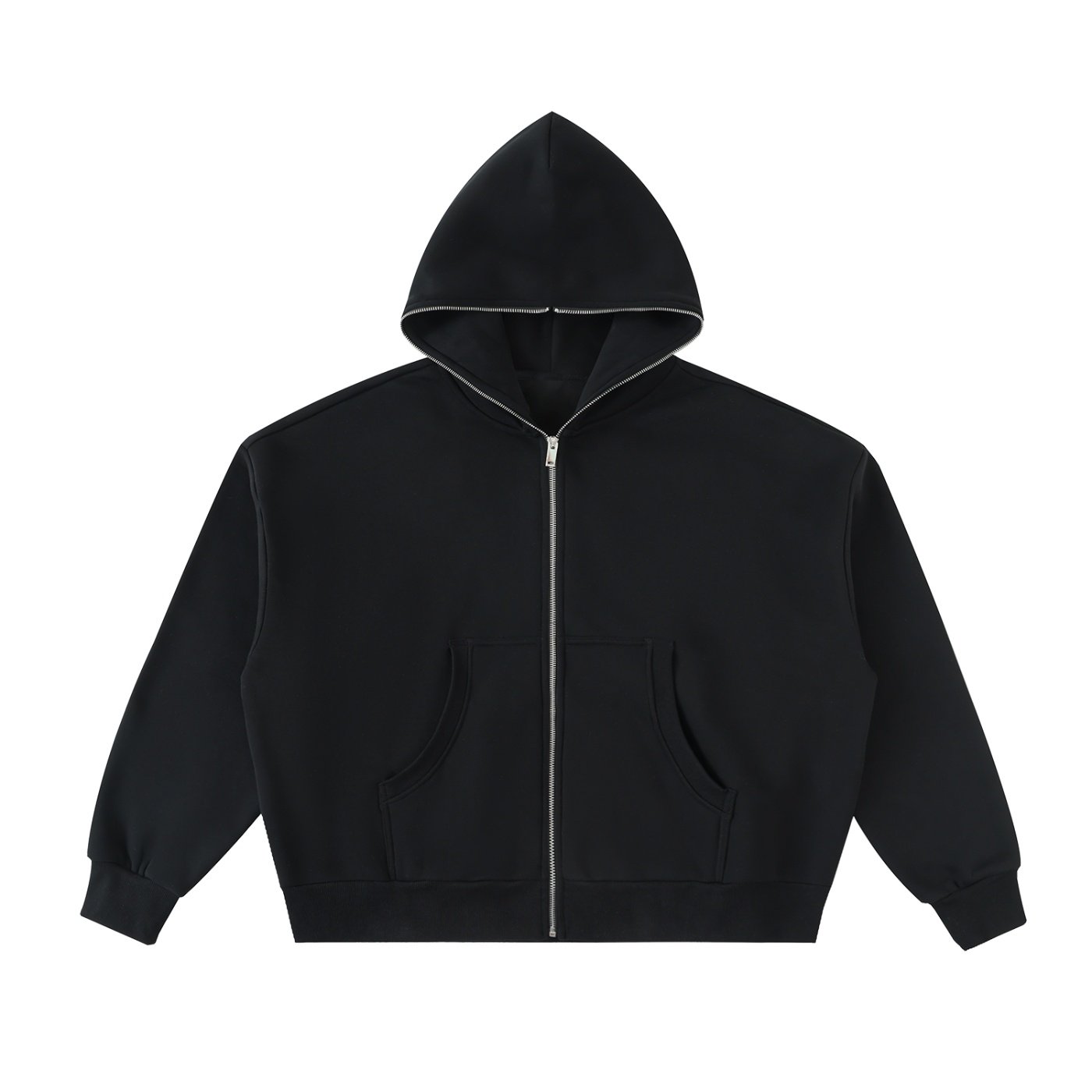 Signature back graphic | Black Fleeced Full-Zip Boxy Hoodie