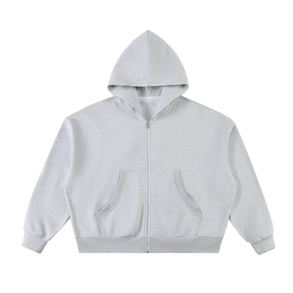 Signature back graphic | Gray Fleeced Full-Zip Boxy Hoodie