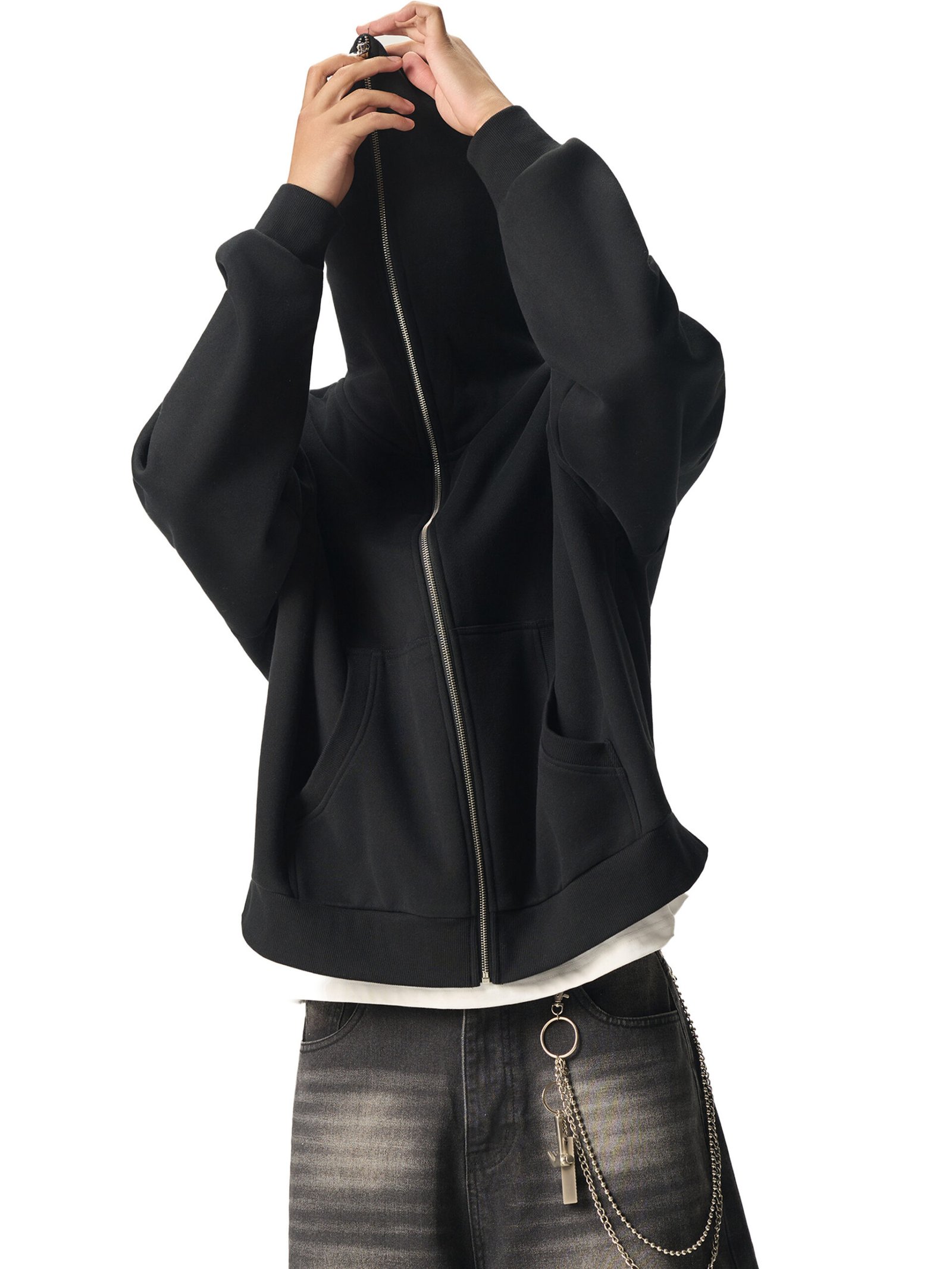 Signature back graphic | Black Fleeced Full-Zip Boxy Hoodie - Image 3
